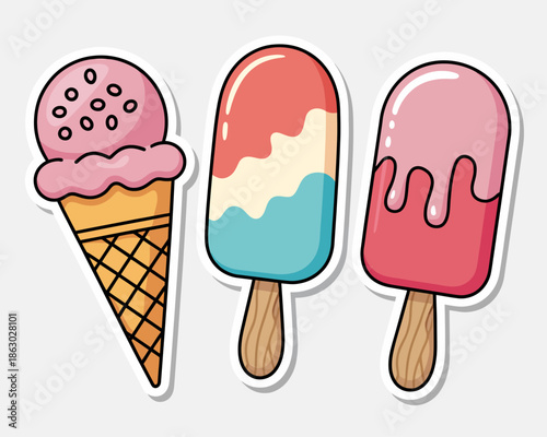 Colorful frozen treats including a pink ice cream cone and popsicles