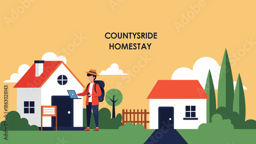 Traveler with laptop standing in front of cozy country homestay houses