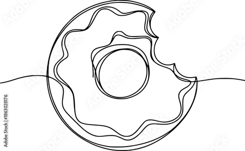 Single continuous of a bitten donut with a hole in the center food sweet