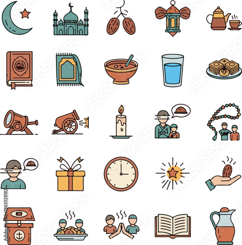 ISLAMIC RAMADAN KAREEM IFTAR FOOD AND CHARITY ICON VECTOR SET