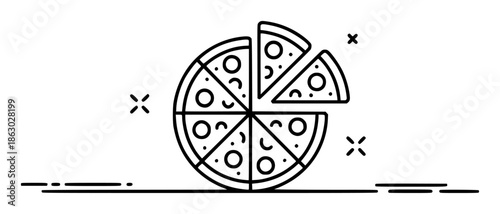 Stylized black and white of a sliced pizza with circular toppings and scattered decorative food