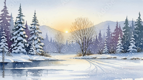 A breathtaking watercolor illustration of a serene winter scene, capturing the tranquil beauty of snow-covered trees and frozen water under a soft sunrise