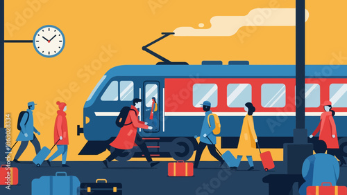 Commuters boarding train with luggage at busy station stop