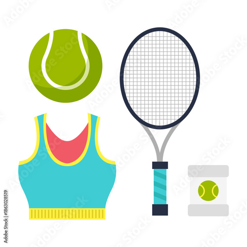 Flat Lay Tennis Equipment Racquet Ball Clothing Wristband Sport Illustration