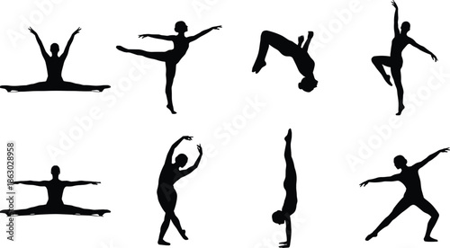 Dynamic dancer silhouettes set showing jumps, flips, splits, and balances, expressive contemporary dance movement illustration isolated on white backgroundWeb