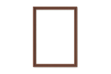 Brown wooden frame, vertical rectangle, empty vector with transparent background, mock up for art or picture