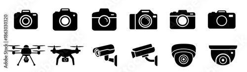 Camera icon set. Photo camera in flat style. Video camera icon. Drone icon.
