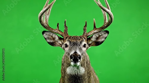Large majestic buck standing completely isolated on a vibrant chroma key green screen background ready for easy compositing and digital keying removal studio, isolated, key