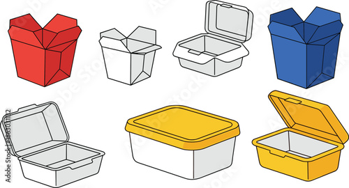 Vector icon set of colorful food containers including clamshells, takeout boxes, and plastic storage with lid