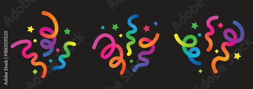 Vector Color Confetti Set. Birthday Party and Carnival Celebration 3D Abstract Element. Fireworks Icons with Gradient Lines, Stars and Swirl Ribbons. Fun Firecracker Explosion Illustration