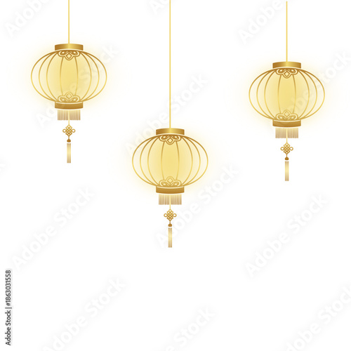 Three golden lanterns hanging from above against a white background
