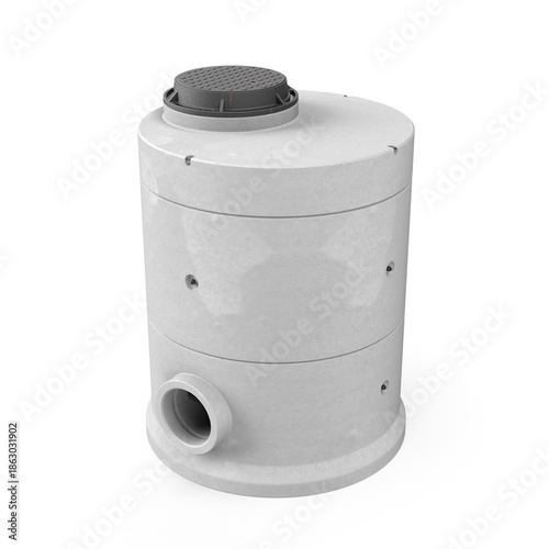 3D Render of Precast Concrete Sewer Manhole with Side Pipe Inlet, Isolated on White Background