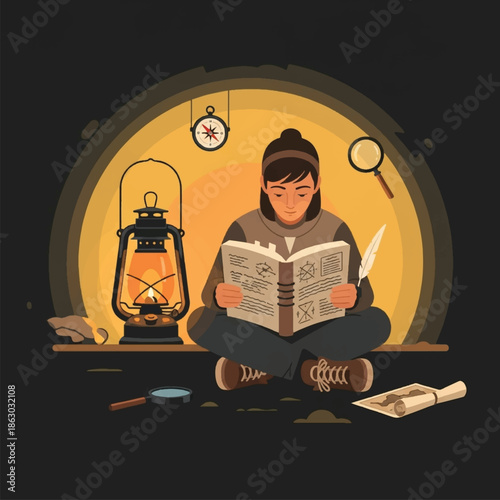 Woman reading book sitting crosslegged indoors.