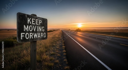 Motivational road sign at sunset horizon.