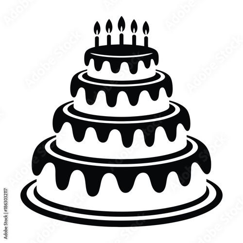 Four tiered birthday cake with five lit candles on top a classic symbol of celebration joy and festive occasions often seen at parties and special events representing happiness and milestone moments