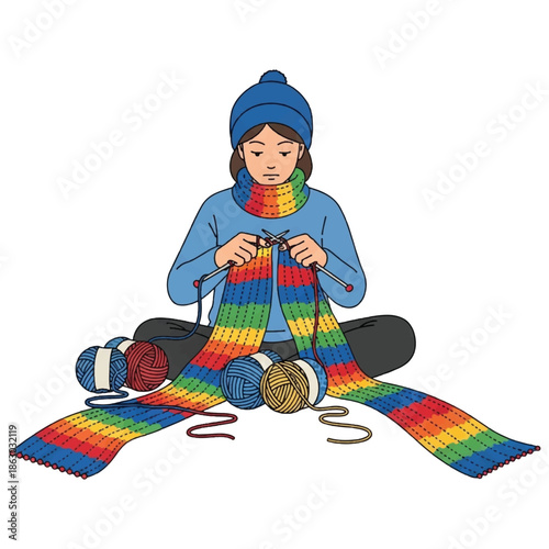 Woman Knitting Colorful Rainbow Scarf.