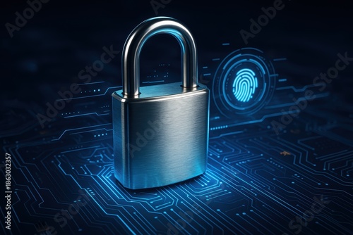 Wallpaper Mural Cybersecurity Sentinel: A gleaming padlock stands guard over a digital network, with a fingerprint scanner, symbolizing robust protection against cyber threats, data breaches, and unauthorized access. Torontodigital.ca