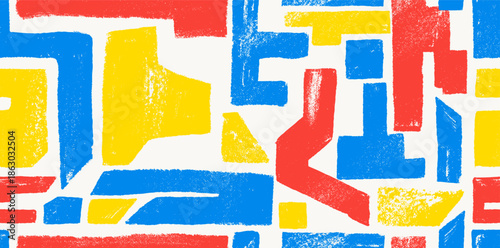 Seamless pattern abstract shapes, icons drawn with crayon. Geometric doodle contemporary figures, various geometric shapes, arch, zigzag and other primitive elements. Retro kid vector geometric shapes