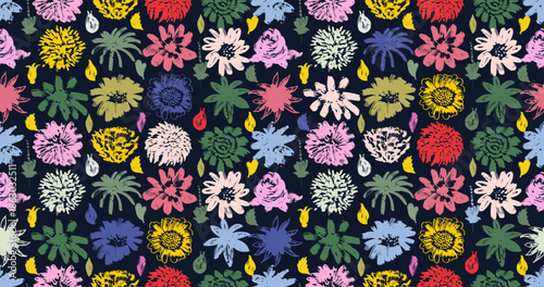 Seamless floral pattern with hand drawn chrysanthemum, aster flowers. Dry brush style botanical motifs with branches, leaves. Pastel painted floral, elegant repeat print for fabric, wrapping paper.