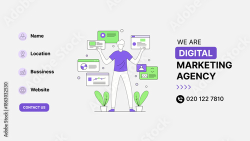 Digital Marketing Agency Website Banner with Professional Character and Business Icons for Social Media, Location, and Contact Us