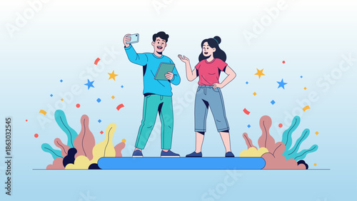 Young Social Media Content Creators and Influencers Taking a Selfie and Using a Tablet for Vlogging, Fun Digital Marketing Illustration