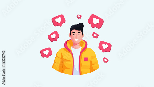 Happy young man surrounded by social media likes and hearts