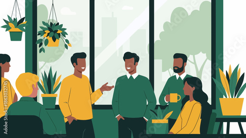 Diverse group of happy people enjoying conversation in modern office space with plants
