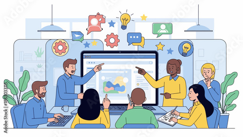 Diverse team collaborating on project with big data analytics on large screen