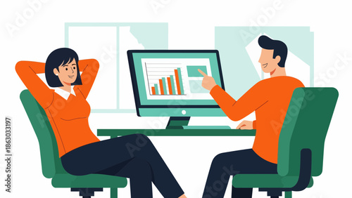 Business colleagues analyzing data on computer in modern office setting