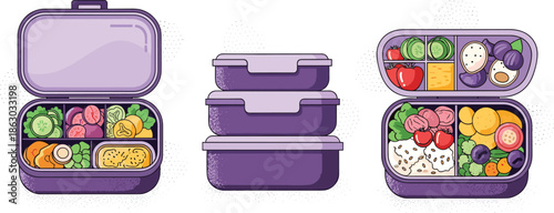 Purple lunchbox icon set with fresh vegetables, fruits, and compartmentalized meal prep containers