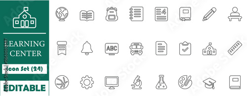 Clean line Learning Center icon set with 24 education symbols including books, school, science, art and study tools. Ideal for apps, websites, UI design, e-learning and print projects.