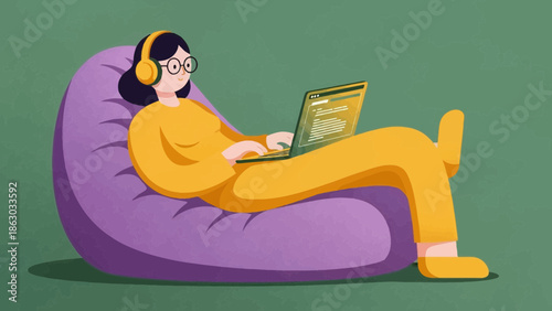 Relaxed woman in yellow outfit working on laptop with headphones