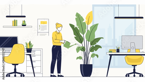 Woman nurturing office plants in modern workspace with city view