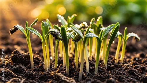 Emerging Life: A close-up shot of young sprouts emerging from the earth, bathed in the soft glow of sunlight, highlighting the promise of growth and renewal.