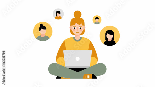 Woman working remotely with virtual team on laptop in casual setting