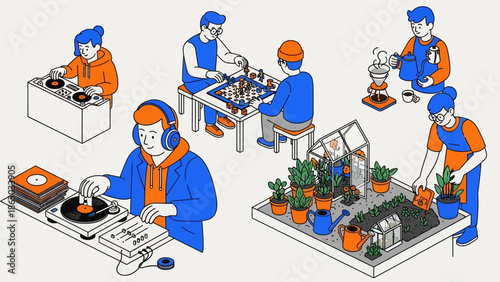 Young adults enjoying hobbies and leisure activities together