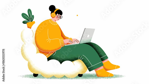 Young woman relaxing on cloud shaped chair while working on laptop