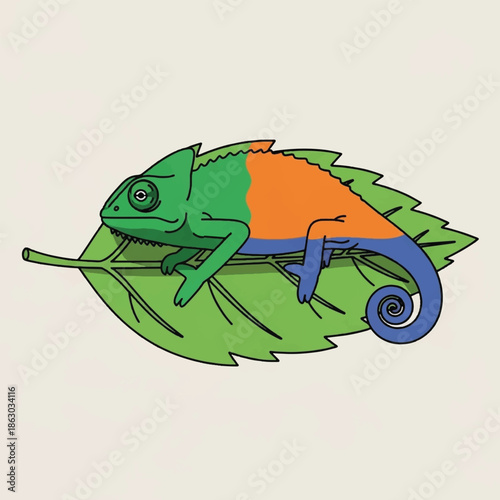 Colorful Chameleon on Green Leaf.