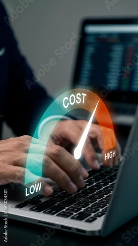 Businessman typing on laptop with a digital cost speedometer overlay showing low to high scale. Concept for rising expenses, financial management, inflation, and budget analysis.