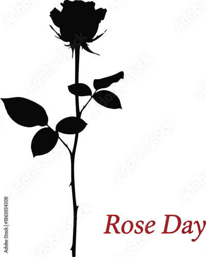 Rose Day Silhouette, Elegant Black Flower with Stem and Thorns
