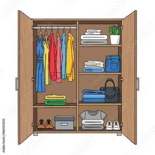 Open wooden wardrobe displaying clothing, shoes, and accessories, organized neatly