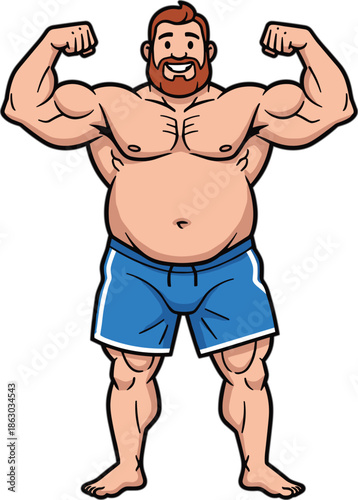 Cartoon muscular man flexing arms, big belly bodybuilder, confident pose, humorous character, blue shorts, beard and hair, flat vector illustration