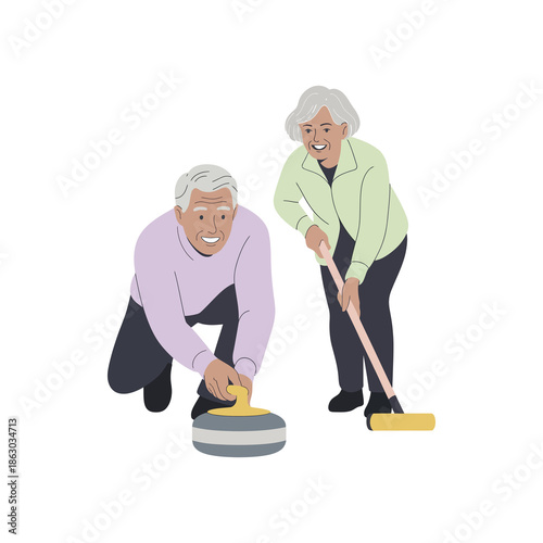 Elderly couple playing curling