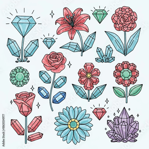 Colorful flowers and precious gems.