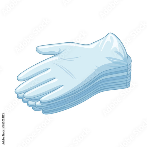 Stack of light blue cartoonish gloves, palm up. A medical supply depiction