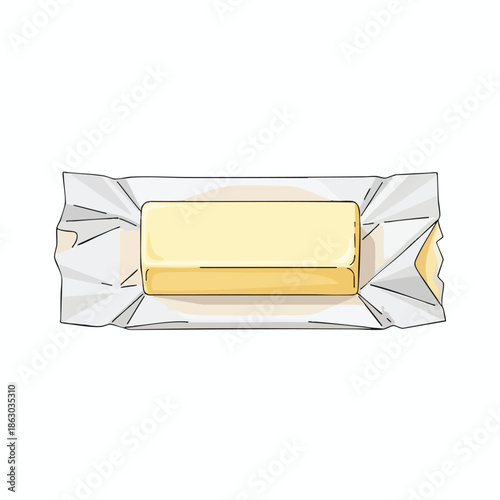 A stick of light yellow butter in a partially unwrapped paper wrapper