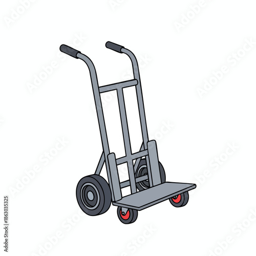 A cartoon depiction of a two-wheeled hand truck
