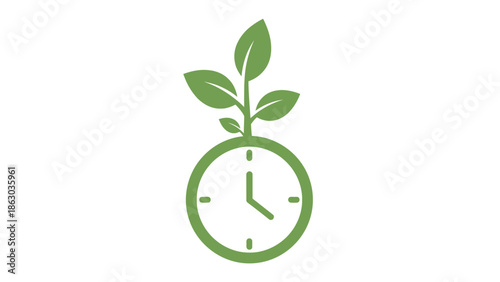 Green Plant Sprout Growing from Clock Symbol for Time and Nature on Isolated White Background