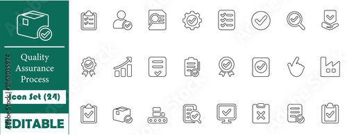 Clean line Quality Assurance icon set with 24 symbols for inspection, approval, validation and workflow control. Ideal for professional business UI, apps, dashboards, websites and documentation.