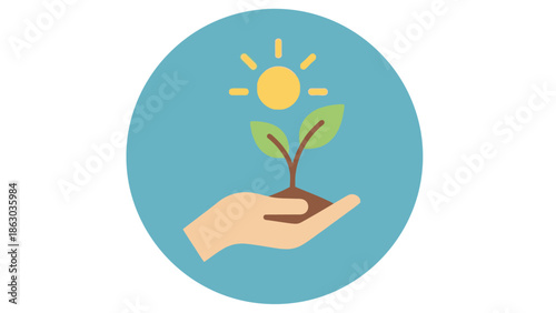 Caring Hand Nurturing a Small Growing Plant with Bright Sun in a Blue Circle Icon on a Bright Studio Background